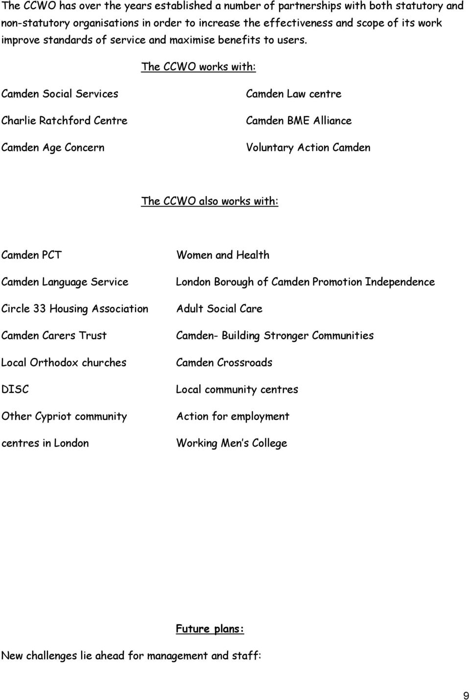 The CCWO works with: Camden Social Services Charlie Ratchford Centre Camden Age Concern Camden Law centre Camden BME Alliance Voluntary Action Camden The CCWO also works with: Camden PCT Camden