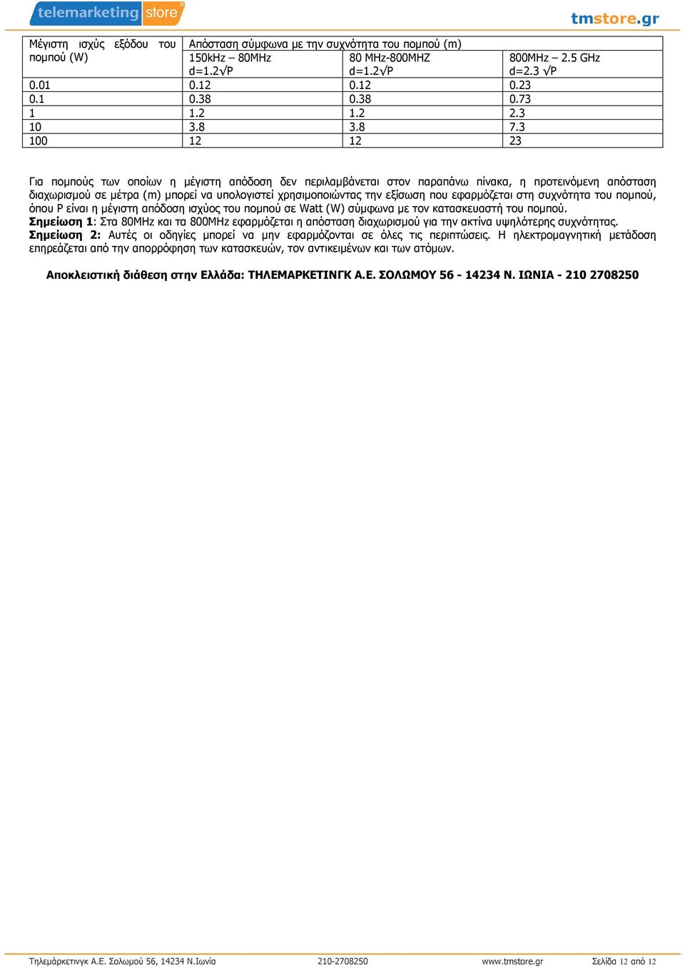 gr Για ποµπούς των οποίων η µέγιστη απόδοση δεν περιλαµβάνεται στον παραπάνω πίνακα, η προτεινόµενη απόσταση διαχωρισµού σε µέτρα (m) µπορεί να υπολογιστεί χρησιµοποιώντας την εξίσωση που εφαρµόζεται