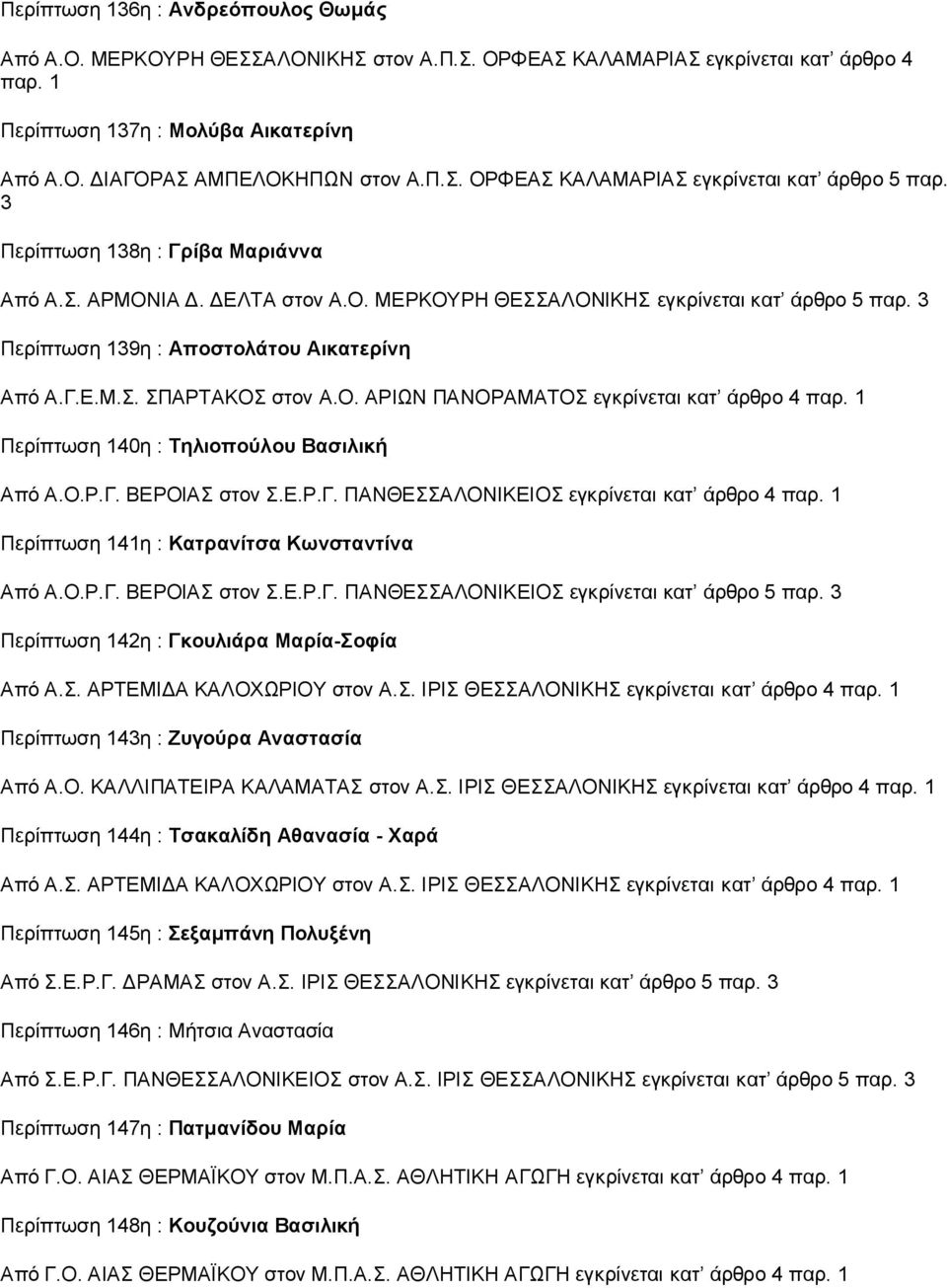 3 Περίπτωση 139η : Αποστολάτου Αικατερίνη Από Α.Γ.Ε.Μ.Σ. ΣΠΑΡΤΑΚΟΣ στον Α.Ο. ΑΡΙΩΝ ΠΑΝΟΡΑΜΑΤΟΣ εγκρίνεται κατ άρθρο 4 παρ. 1 Περίπτωση 140η : Τηλιοπούλου Βασιλική Από Α.Ο.Ρ.Γ. ΒΕΡΟΙΑΣ στον Σ.Ε.Ρ.Γ. ΠΑΝΘΕΣΣΑΛΟΝΙΚΕΙΟΣ εγκρίνεται κατ άρθρο 4 παρ.