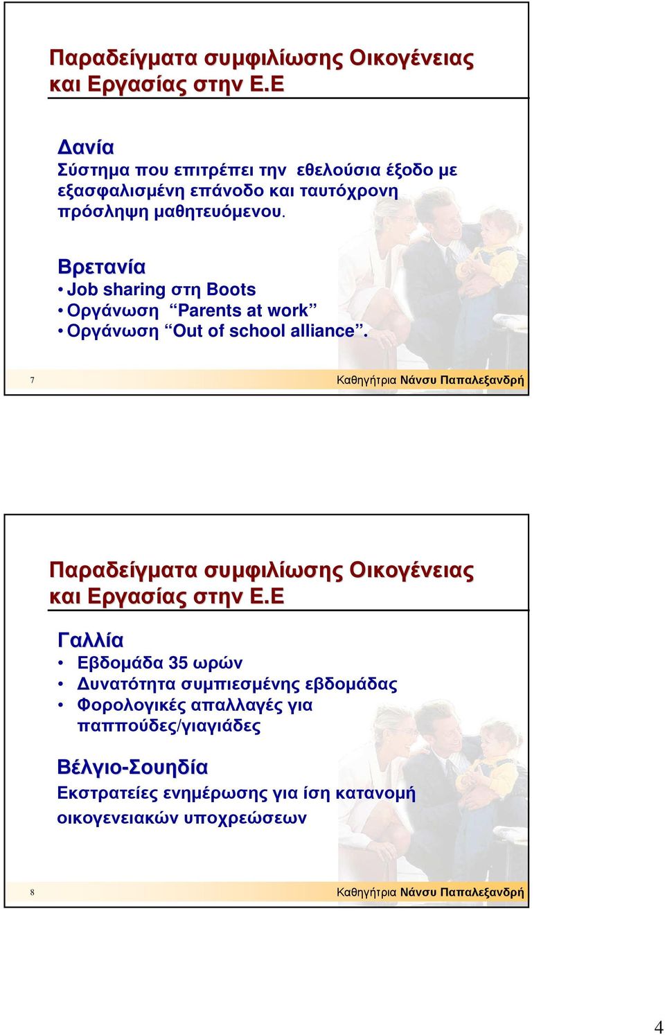 Βρετανία Job sharing στη Boots Οργάνωση Parents at work Οργάνωση Out of school alliance.