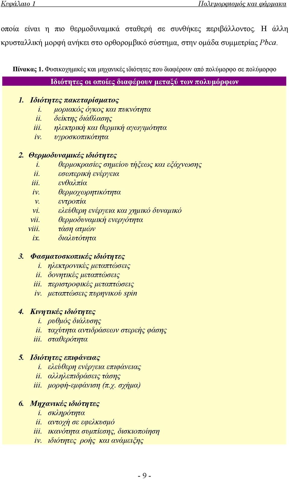 δείκτης διάθλασης iii. ηλεκτρική και θερμική αγωγιμότητα iv. υγροσκοπικότητα 2. Θερμοδυναμικές ιδιότητες i. θερμοκρασίες σημείου τήξεως και εξάχνωσης ii. εσωτερική ενέργεια iii. ενθαλπία iv.