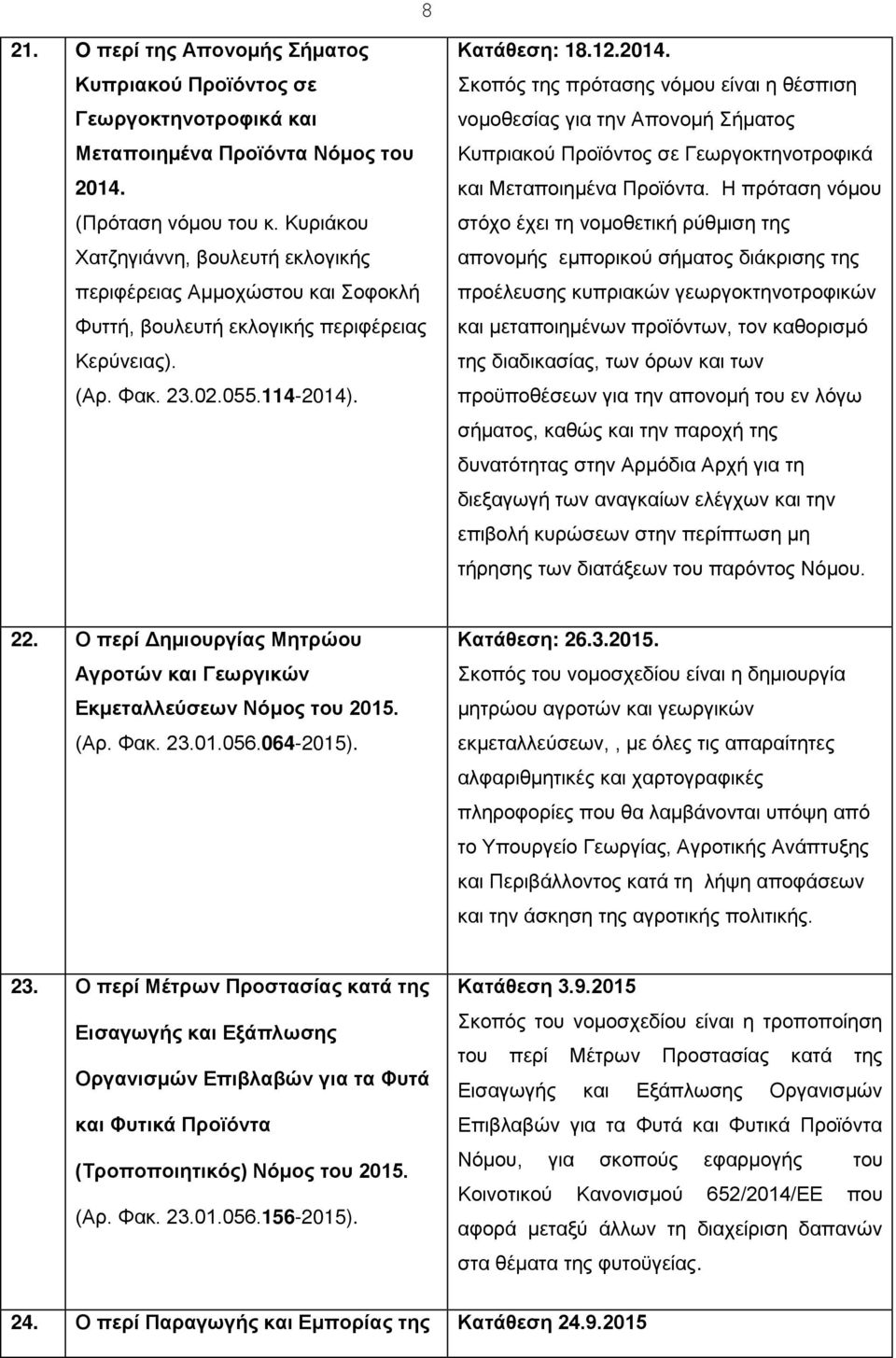 . Κατάθεση: 18.12.2014. θέσπιση νομοθεσίας για την Απονομή Σήματος Κυπριακού Προϊόντος σε Γεωργοκτηνοτροφικά και Μεταποιημένα Προϊόντα.