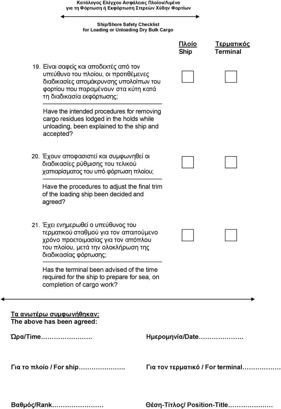 procedures for removing cargo residues lodged in the holds while unloading, been explained to the ship and accepted? 20.