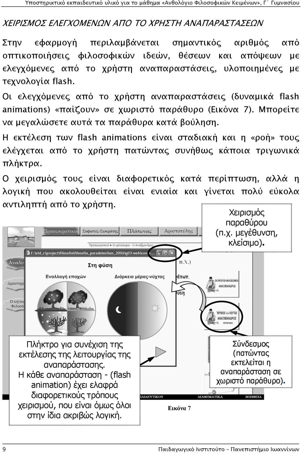 Μπορείτε να μεγαλώσετε αυτά τα παράθυρα κατά βούληση. Η εκτέλεση των flash animations είναι σταδιακή και η «ροή» τους ελέγχεται από το χρήστη πατώντας συνήθως κάποια τριγωνικά πλήκτρα.