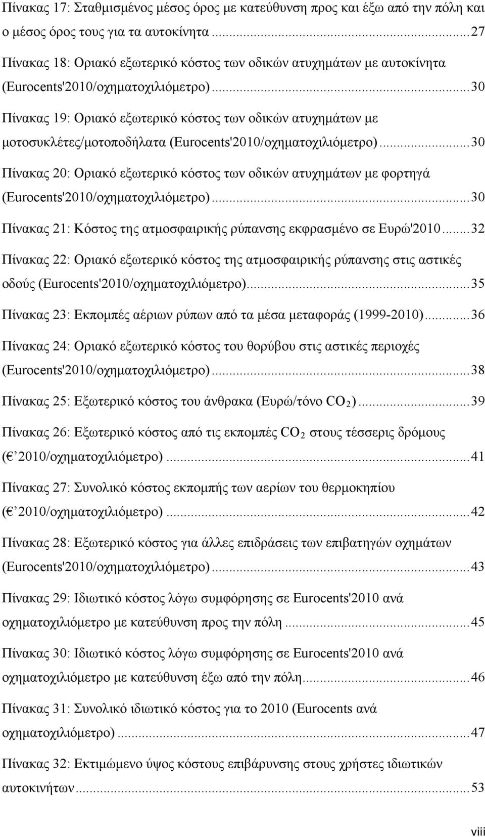 ..30 Πίνακας 19: Οριακό εξωτερικό κόστος των οδικών ατυχημάτων με μοτοσυκλέτες/μοτοποδήλατα (Eurocents'2010/οχηματοχιλιόμετρο).