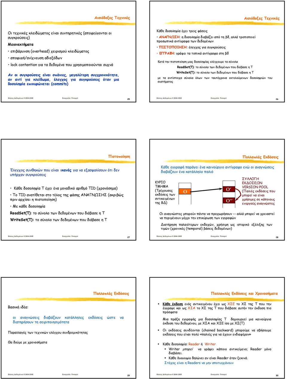 (commits) Κάθε δοσοληψία έχει τρεις φάσεις ΑΝΑΓΝΩΣΗ: η δοσοληψία διαβάζει από τη βδ, αλλά τροποποιεί προσωπικά αντίγραφα των δεδοµένων ΠΙΣΤΟΠΟΙΗΣΗ: έλεγχος για συγκρούσεις ΕΓΓΡΑΦΗ: γράφει τα τοπικά