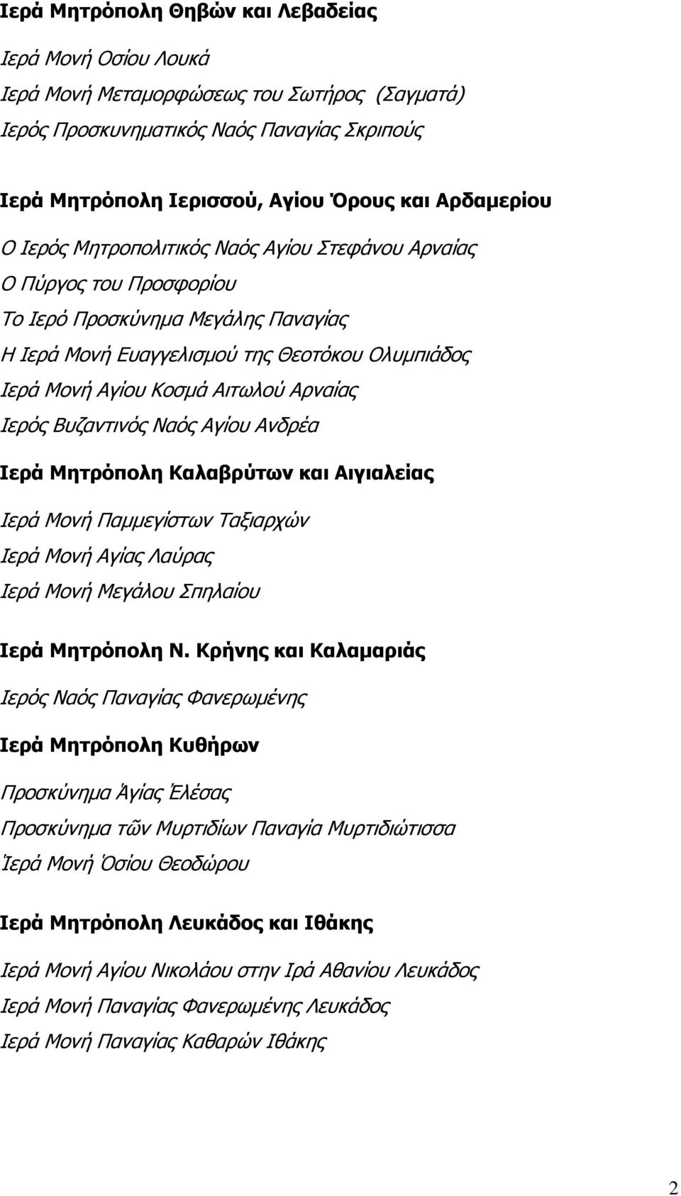 Ιερός Βυζαντινός Ναός Αγίου Ανδρέα Ιερά Μητρόπολη Καλαβρύτων και Αιγιαλείας Ιερά Μονή Παµµεγίστων Ταξιαρχών Ιερά Μονή Aγίας Λαύρας Ιερά Μονή Μεγάλου Σπηλαίου Ιερά Μητρόπολη Ν.
