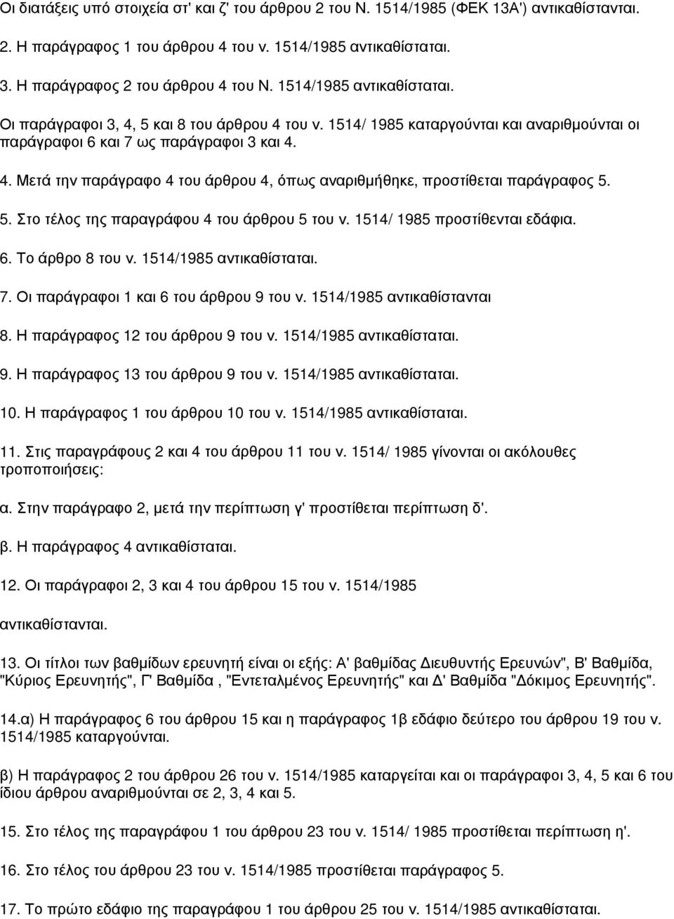 5. Στο τέλος της παραγράφου 4 του άρθρου 5 του ν. 1514/ 1985 προστίθενται εδάφια. 6. Το άρθρο 8 του ν. 1514/1985 αντικαθίσταται. 7. Οι παράγραφοι 1 και 6 του άρθρου 9 του ν.