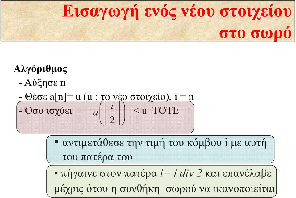 αντιμετάθεσε την τιμή του κόμβου i με αυτή του πατέρα του πήγαινε