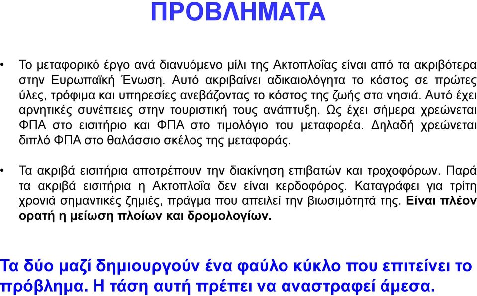 Ωο έρεη ζήκεξα ρξεώλεηαη ΦΠΑ ζην εηζηηήξην θαη ΦΠΑ ζην ηηκνιόγην ηνπ κεηαθνξέα. Γειαδή ρξεώλεηαη δηπιό ΦΠΑ ζην ζαιάζζην ζθέινο ηεο κεηαθνξάο.