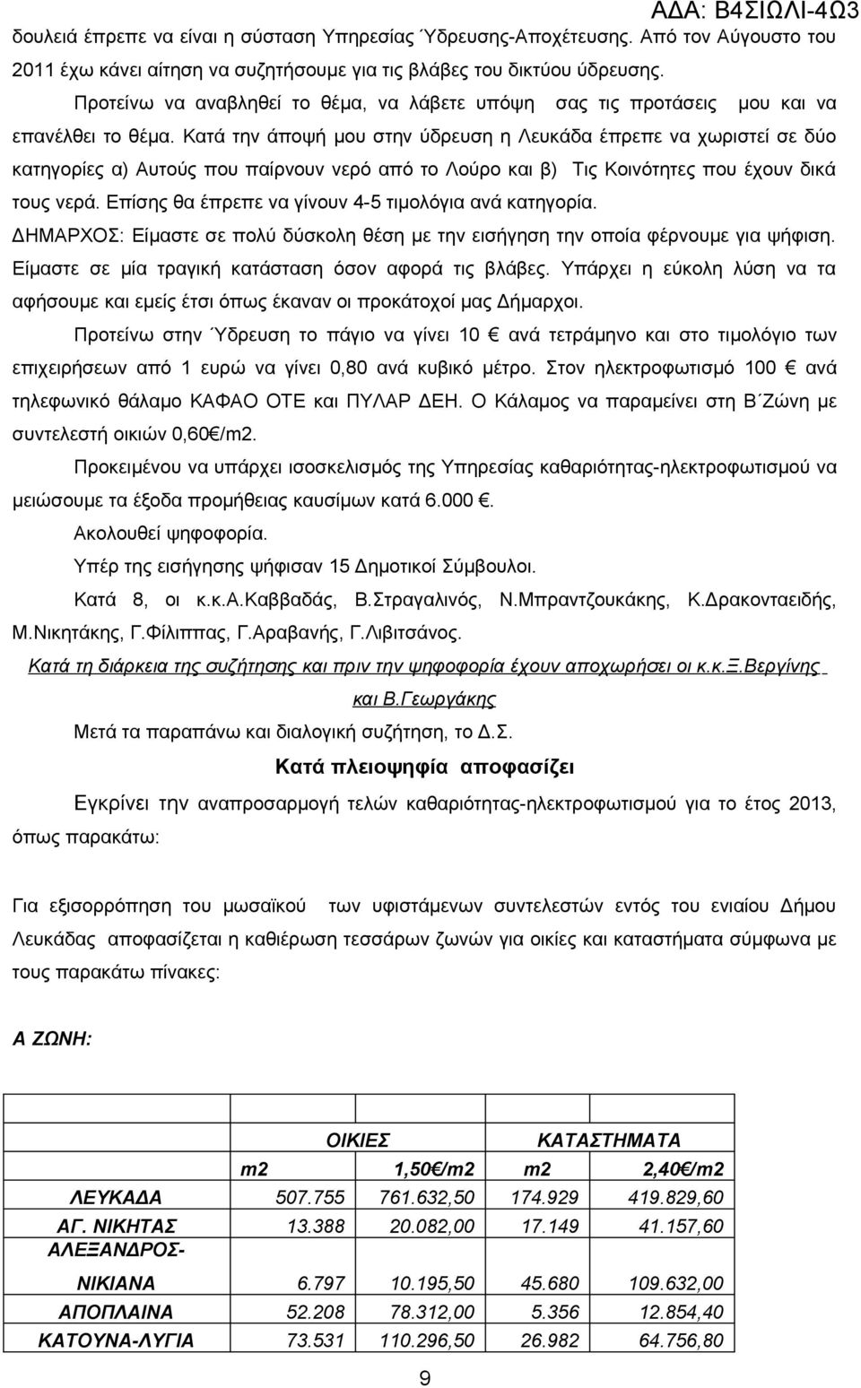 Κατά την άποψή μου στην ύδρευση η Λευκάδα έπρεπε να χωριστεί σε δύο κατηγορίες α) Αυτούς που παίρνουν νερό από το Λούρο και β) Τις Κοινότητες που έχουν δικά τους νερά.