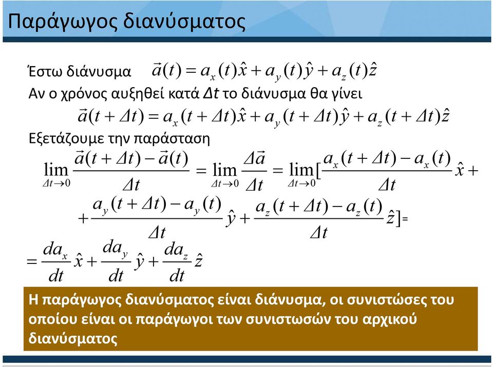 t) lim = lim = lim[ x ˆ + t 0 t t 0 t t 0 t a ( t + t) a ( t) ( + ) ( ) + y y a t t a t yˆ + z z zˆ] = t t da da x y daz = xˆ + yˆ