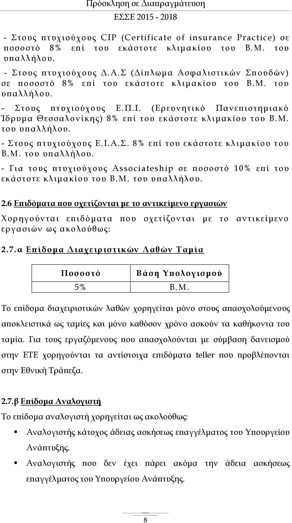 (Ερευνητικό Πανεπιστημιακό Ίδρυμα Θεσσαλονίκης) 8% επί του εκάστοτε κλιμακίου του Β.Μ. του υπαλλήλου. - Στους πτυχιούχους Ε.Ι.Α.Σ. 8% επί του εκάστοτε κλιμακίου του Β.Μ. του υπαλλήλου. - Για τους πτυχιούχους Associateship σε ποσοστό 10% επί του εκάστοτε κλιμακίου του Β.