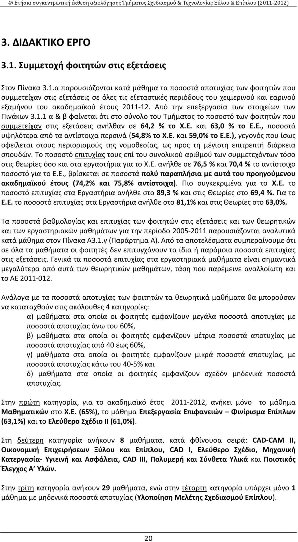 Από την επεξεργασία των στοιχείων των Πινάκων 3.1.1 α & β φαίνεται ότι στο σύνολο του Τμήματος το ποσοστό των φοιτητών που συμμετείχαν στις εξετάσεις ανήλθαν σε 64,2 % το Χ.Ε.