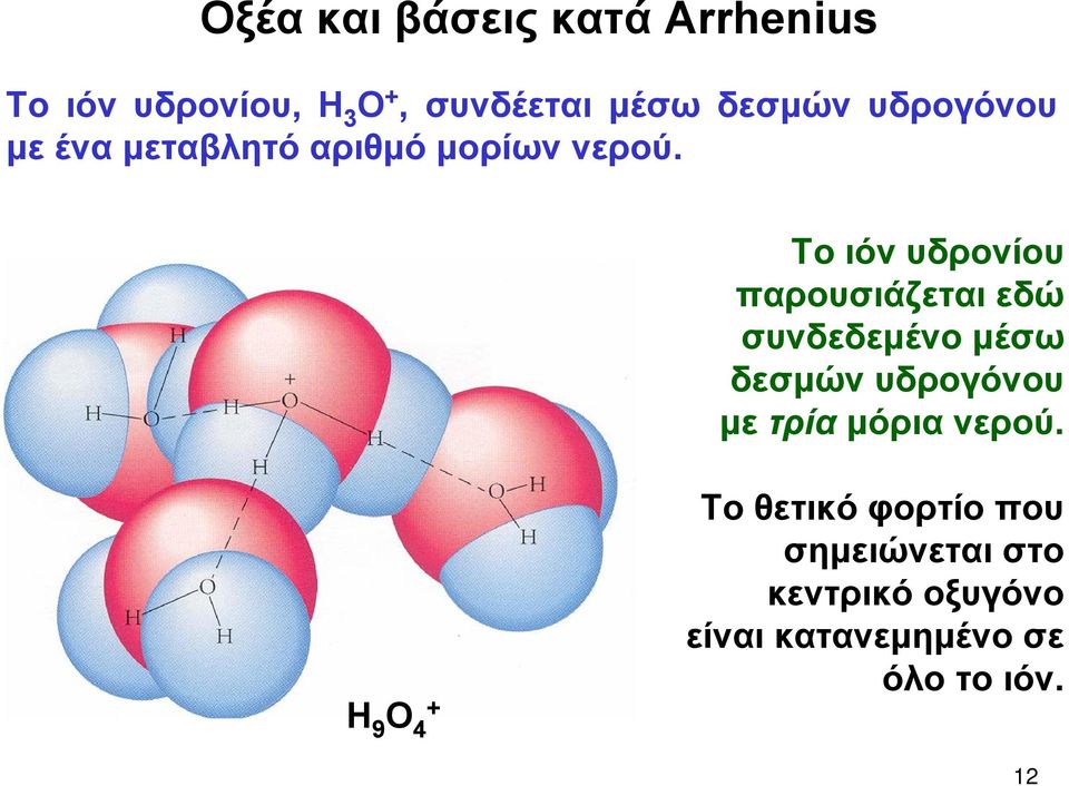Το ιόν υδρονίου παρουσιάζεται εδώ συνδεδεμένο μέσω δεσμών υδρογόνου με τρία