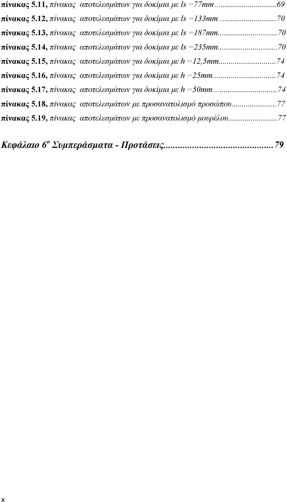 ..74 πίνακας 5.16, πίνακας αποτελεσμάτων για δοκίμια με h =25mm...74 πίνακας 5.17, πίνακας αποτελεσμάτων για δοκίμια με h =50mm...74 πίνακας 5.18, πίνακας αποτελεσμάτων με προσανατολισμό προσώπου.