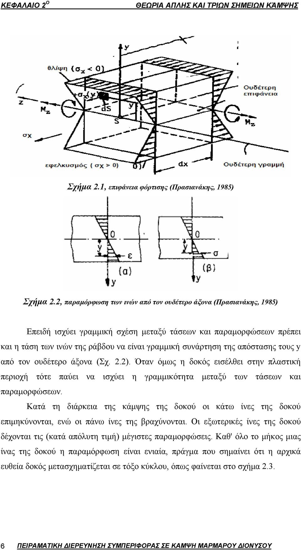 απόστασης τους y από τον ουδέτερο άξονα (Σχ. 2.2). Όταν όμως η δοκός εισέλθει στην πλαστική περιοχή τότε παύει να ισχύει η γραμμικότητα μεταξύ των τάσεων και παραμορφώσεων.