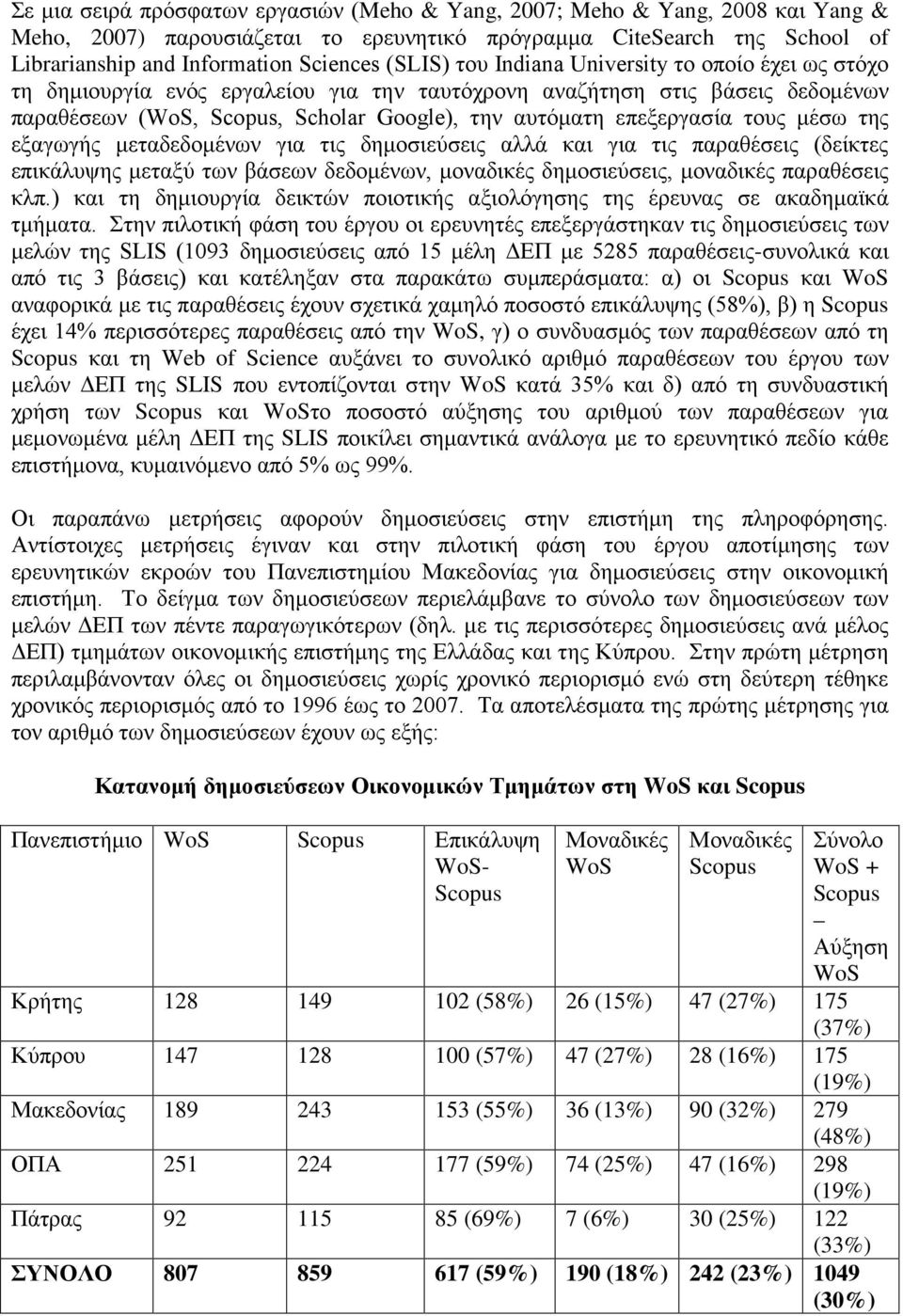 της εξαγωγής μεταδεδομένων για τις δημοσιεύσεις αλλά και για τις παραθέσεις (δείκτες επικάλυψης μεταξύ των βάσεων δεδομένων, μοναδικές δημοσιεύσεις, μοναδικές παραθέσεις κλπ.