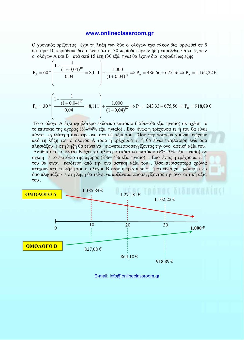 000 * 8, 43,33 675,56 98,89 ( 864,0 98,89 Το ομόλογο Α έχει υψηλότερο εκδοτικό επιτόκιο (%=6% εξαμηνιαίο) σε σχέση με το επιτόκιο της αγοράς (=4% εξαμηνιαίο).