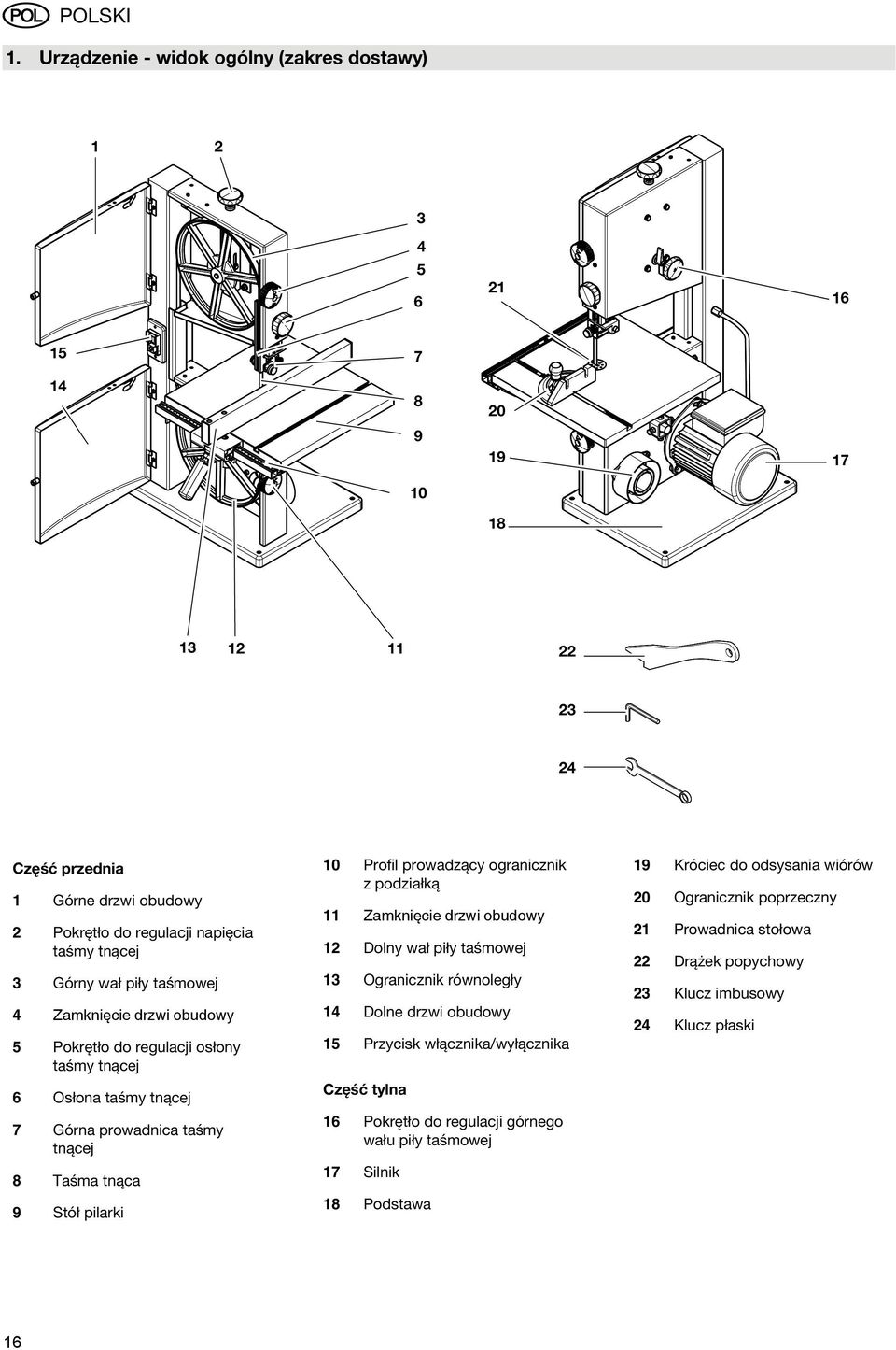 wał piły taśmowej 4 Zamknięcie drzwi obudowy 5 Pokrętło do regulacji osłony taśmy tnącej 6 Osłona taśmy tnącej 7 Górna prowadnica taśmy tnącej 8 Taśma tnąca 9 Stół pilarki 10 Profil prowadzący