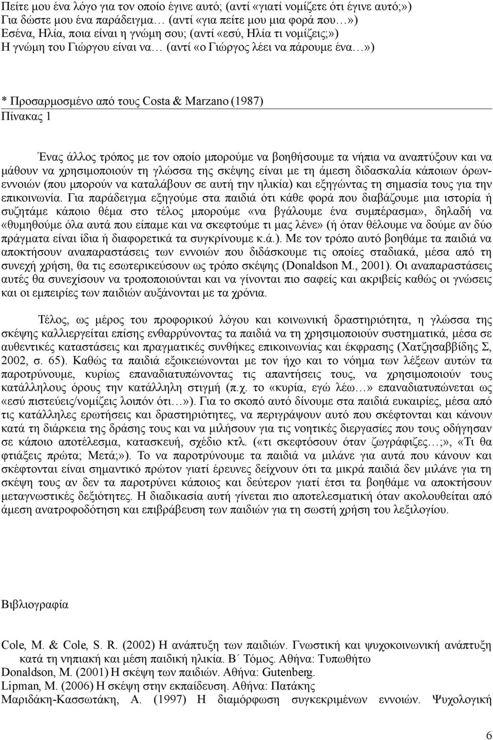 τα νήπια να αναπτύξουν και να μάθουν να χρησιμοποιούν τη γλώσσα της σκέψης είναι με τη άμεση διδασκαλία κάποιων όρωνεννοιών (που μπορούν να καταλάβουν σε αυτή την ηλικία) και εξηγώντας τη σημασία