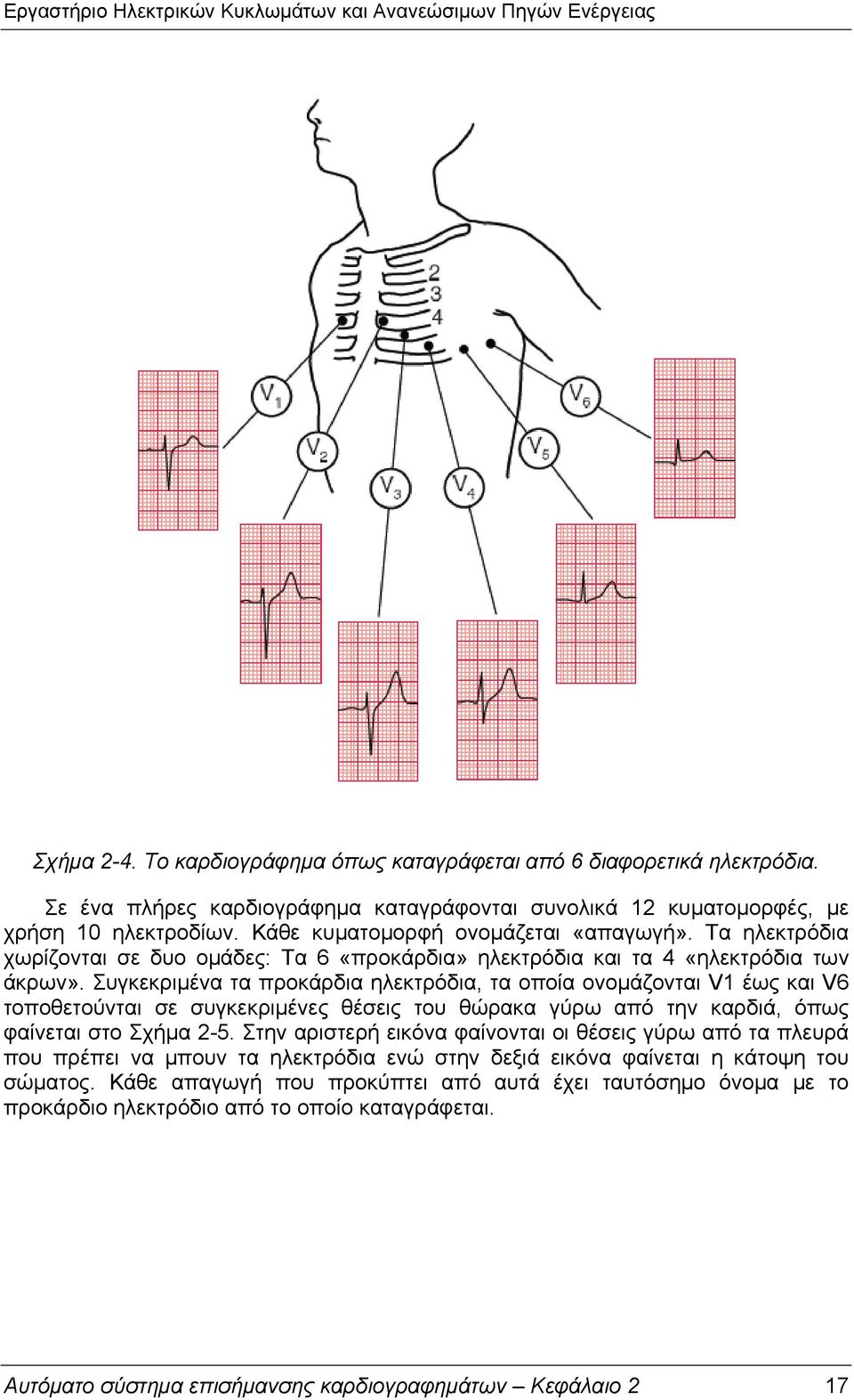 Συγκεκριμένα τα προκάρδια ηλεκτρόδια, τα οποία ονομάζονται V1 έως και V6 τοποθετούνται σε συγκεκριμένες θέσεις του θώρακα γύρω από την καρδιά, όπως φαίνεται στο Σχήμα 2-5.