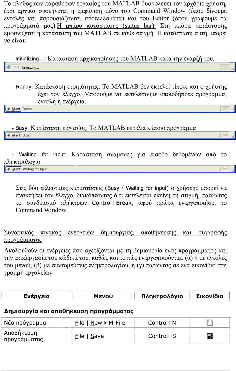 Η κατάσταση αυτή μπορεί να είναι: - Initializing : Κατάσταση αρχικοποίησης του MATLAB κατά την έναρξή του. - Ready: Κατάσταση ετοιμότητας. Το MATLAB δεν εκτελεί τίποτε και ο χρήστης έχει τον έλεγχο.