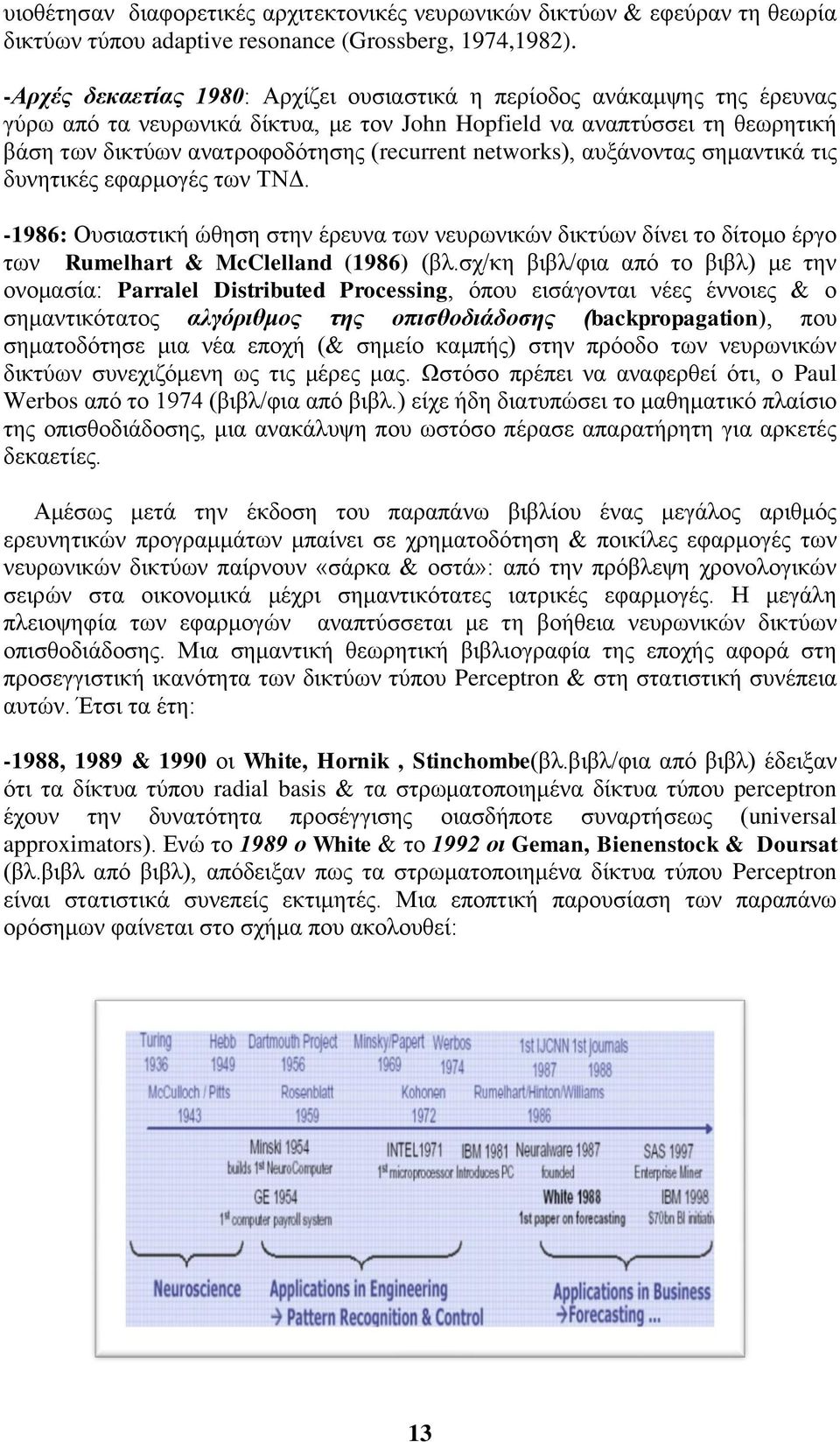 networks), αυξάνοντας σημαντικά τις δυνητικές εφαρμογές των ΤΝΔ. -1986: Ουσιαστική ώθηση στην έρευνα των νευρωνικών δικτύων δίνει το δίτομο έργο των Rumelhart & McClelland (1986) (βλ.