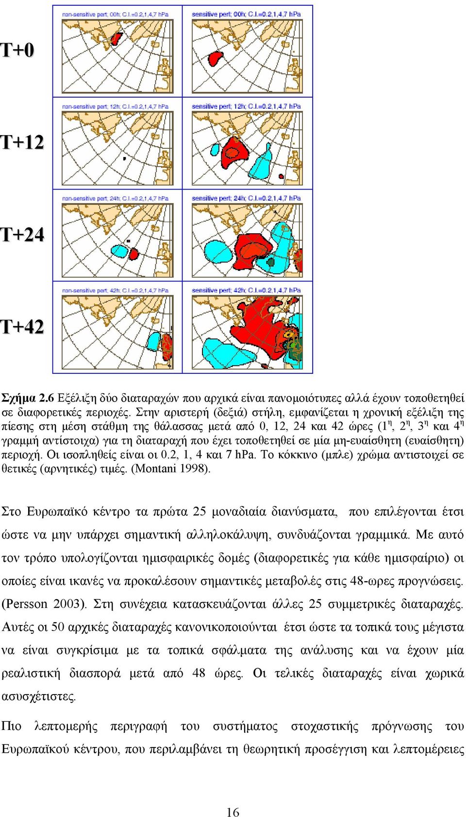 τοποθετηθεί σε µία µη-ευαίσθητη (ευαίσθητη) περιοχή. Οι ισοπληθείς είναι οι 0.2, 1, 4 και 7 hpa. Το κόκκινο (µπλε) χρώµα αντιστοιχεί σε θετικές (αρνητικές) τιµές. (Montani 1998).