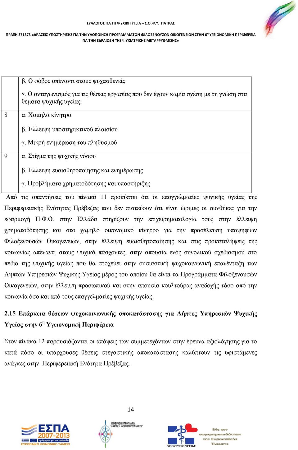 Προβλήματα χρηματοδότησης και υποστήριξης Από τις απαντήσεις του πίνακα 11 προκύπτει ότι οι επαγγελματίες ψυχικής υγείας της Περιφερειακής Ενότητας Πρέβεζας που δεν πιστεύουν ότι είναι ώριμες οι