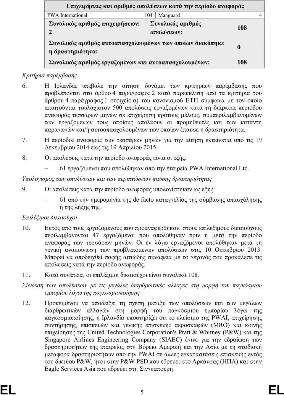 Η Ιρλανδία υπέβαλε την αίτηση δυνάμει των κριτηρίων παρέμβασης που προβλέπονται στο άρθρο 4 παράγραφος 2 κατά παρέκκλιση από τα κριτήρια του άρθρου 4 παράγραφος 1 στοιχείο α) του κανονισμού ΕΤΠ