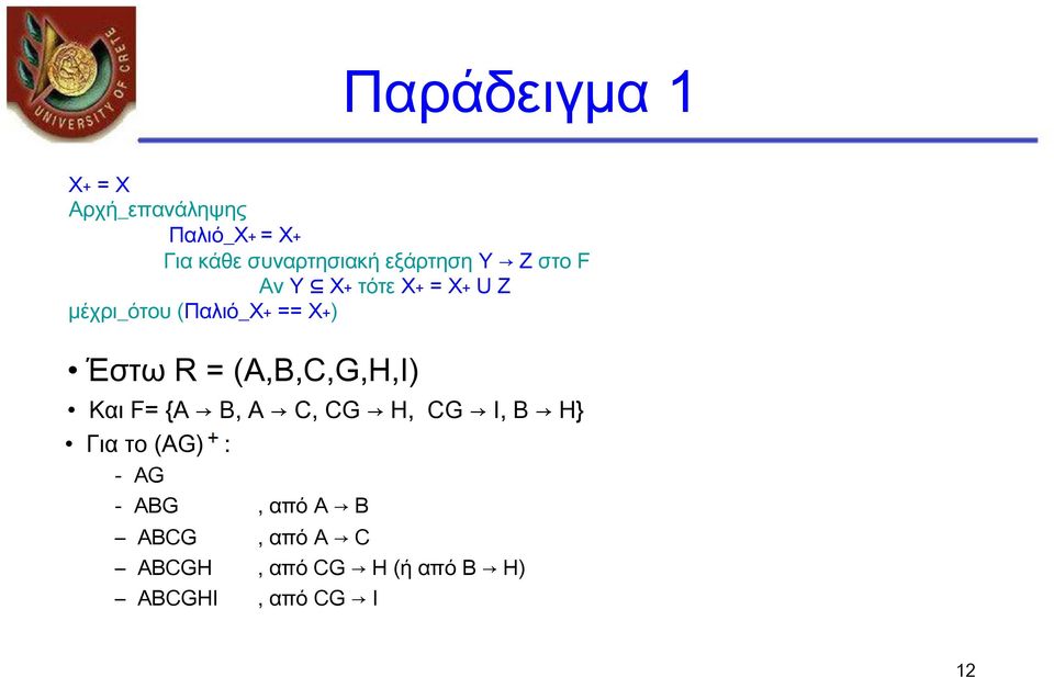 Έστω R = (A,B,C,G,H,I) Και F= {Α Β, Α C, CG H, CG I, B H} Για το (AG) : -