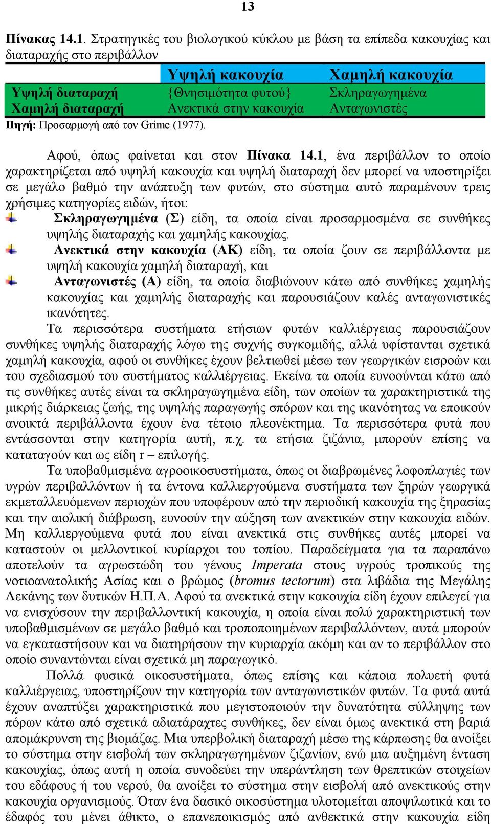 1, ένα περιβάλλον το οποίο χαρακτηρίζεται από υψηλή κακουχία και υψηλή διαταραχή δεν μπορεί να υποστηρίξει σε μεγάλο βαθμό την ανάπτυξη των φυτών, στο σύστημα αυτό παραμένουν τρεις χρήσιμες