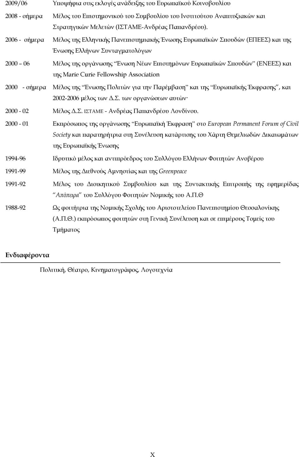 2006 - σήμερα Μέλος της Ελληνικής Πανεπιστημιακής Ένωσης Ευρωπαϊκών Σπουδών (ΕΠΕΕΣ) και της Ένωσης Ελλήνων Συνταγματολόγων 2000 06 Μέλος της οργάνωσης Ένωση Νέων Επιστημόνων Ευρωπαϊκών Σπουδών