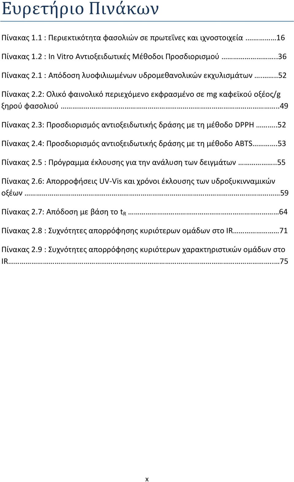 3: Προσδιορισμός αντιοξειδωτικής δράσης με τη μέθοδο DPPH..52 Πίνακας 2.4: Προσδιορισμός αντιοξειδωτικής δράσης με τη μέθοδο ABTS.53 Πίνακας 2.5 : Πρόγραμμα έκλουσης για την ανάλυση των δειγμάτων.