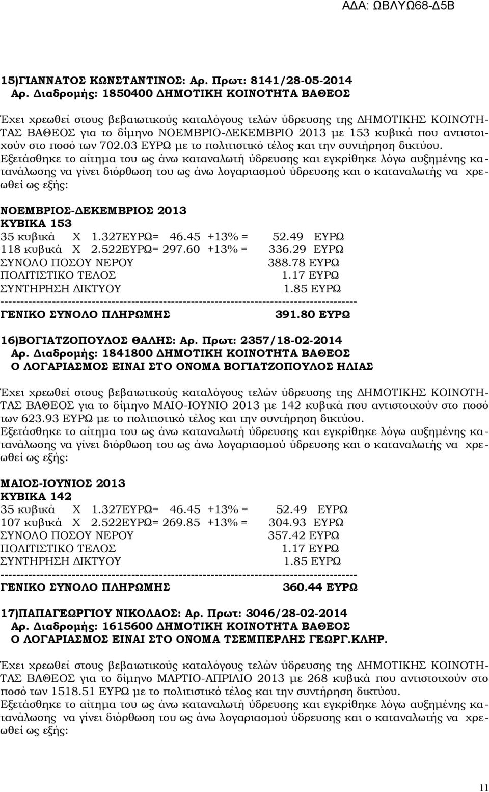 78 ΕΥΡΩ 391.80 ΕΥΡΩ 16)ΒΟΓΙΑΤΖΟΠΟΥΛΟΣ ΘΑΛΗΣ: Αρ. Πρωτ: 2357/18-02-2014 Αρ.