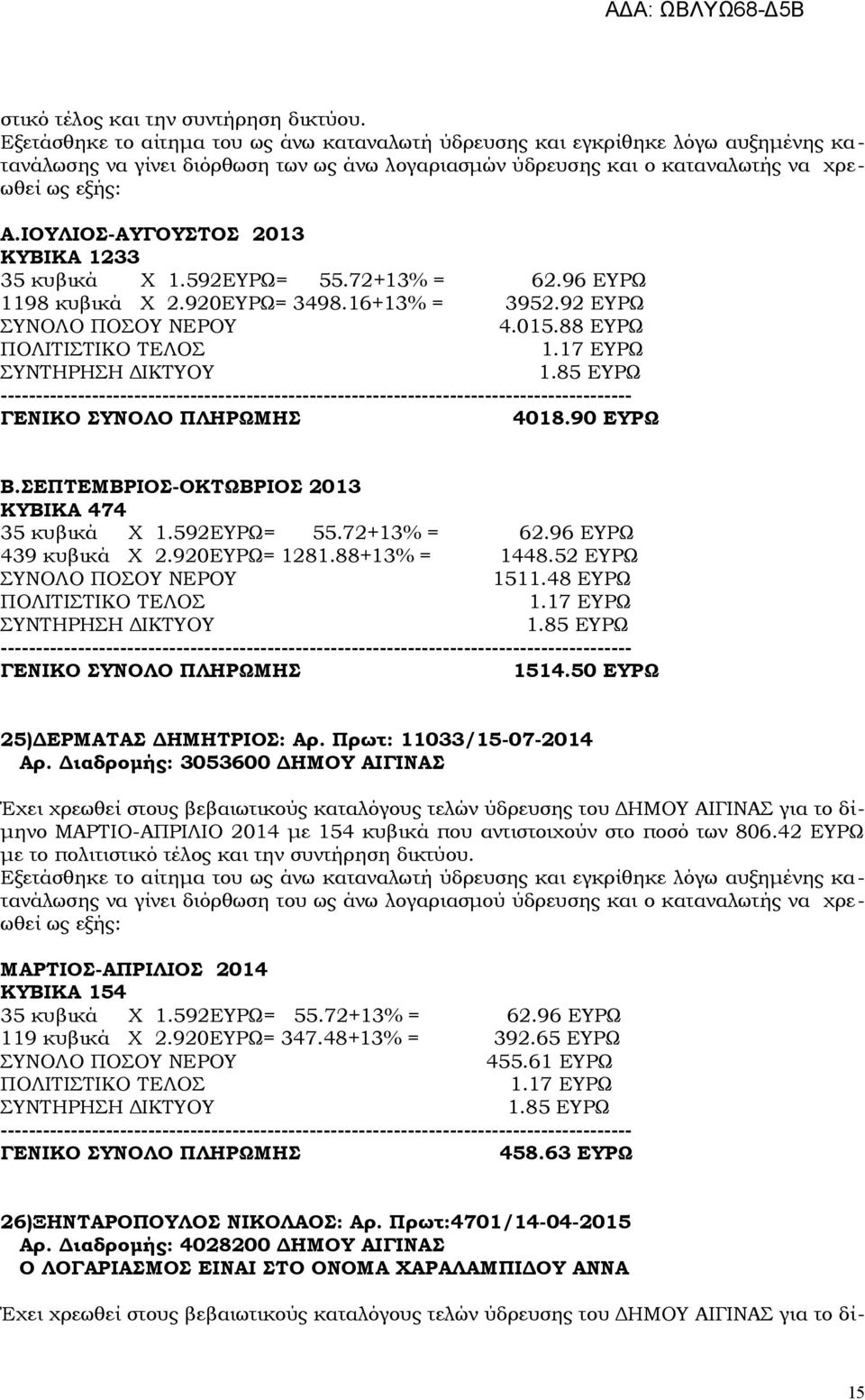 Πρωτ: 11033/15-07-2014 Αρ. Διαδρομής: 3053600 ΔΗΜΟΥ ΑΙΓΙΝΑΣ ΜΑΡΤΙΟ-ΑΠΡΙΛΙΟ 2014 με 154 κυβικά που αντιστοιχούν στο ποσό των 806.42 ΕΥΡΩ με το πολιτιστικό τέλος και την συντήρηση δικτύου.