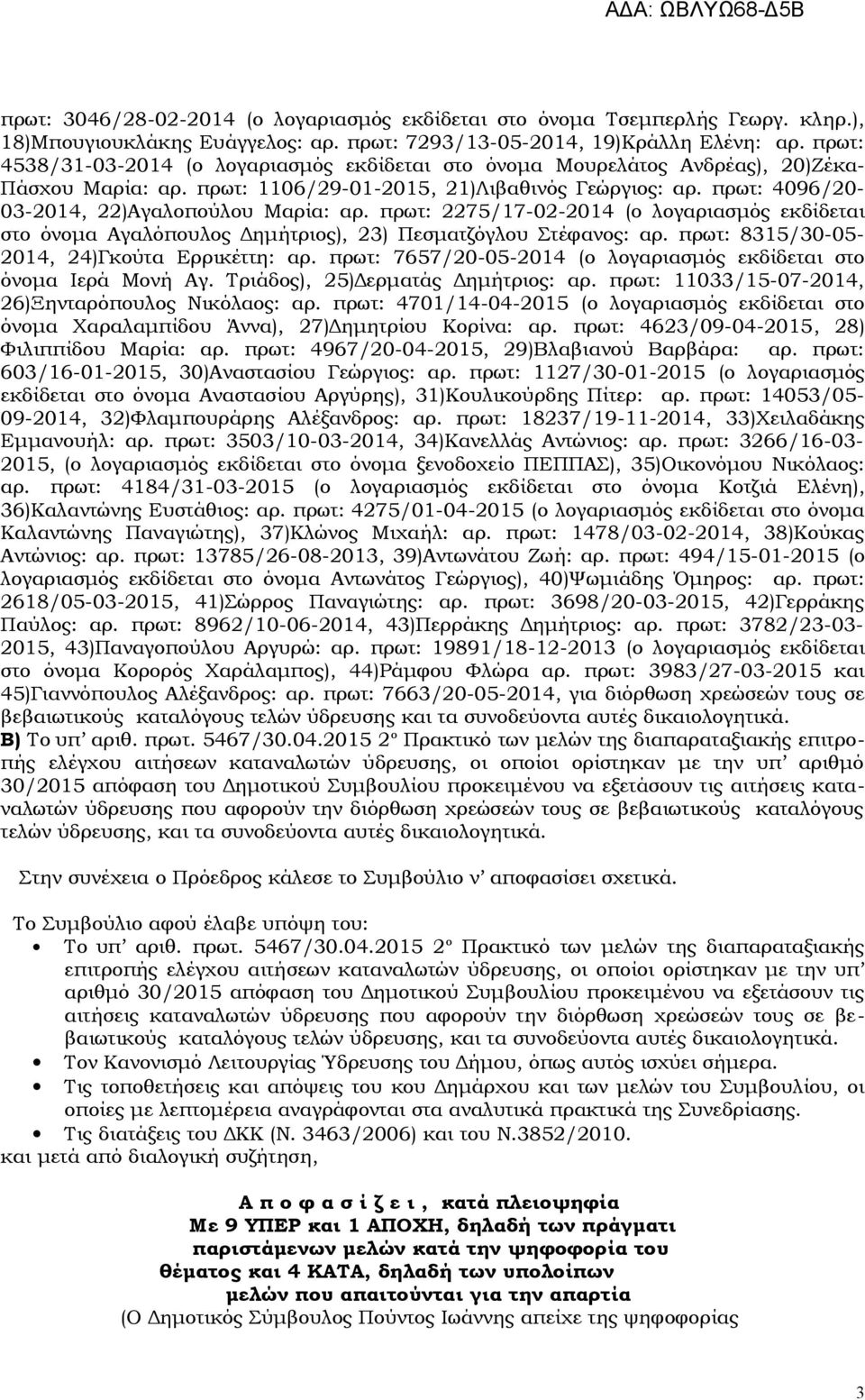 πρωτ: 4096/20-03-2014, 22)Αγαλοπούλου Μαρία: αρ. πρωτ: 2275/17-02-2014 (ο λογαριασμός εκδίδεται στο όνομα Αγαλόπουλος Δημήτριος), 23) Πεσματζόγλου Στέφανος: αρ.