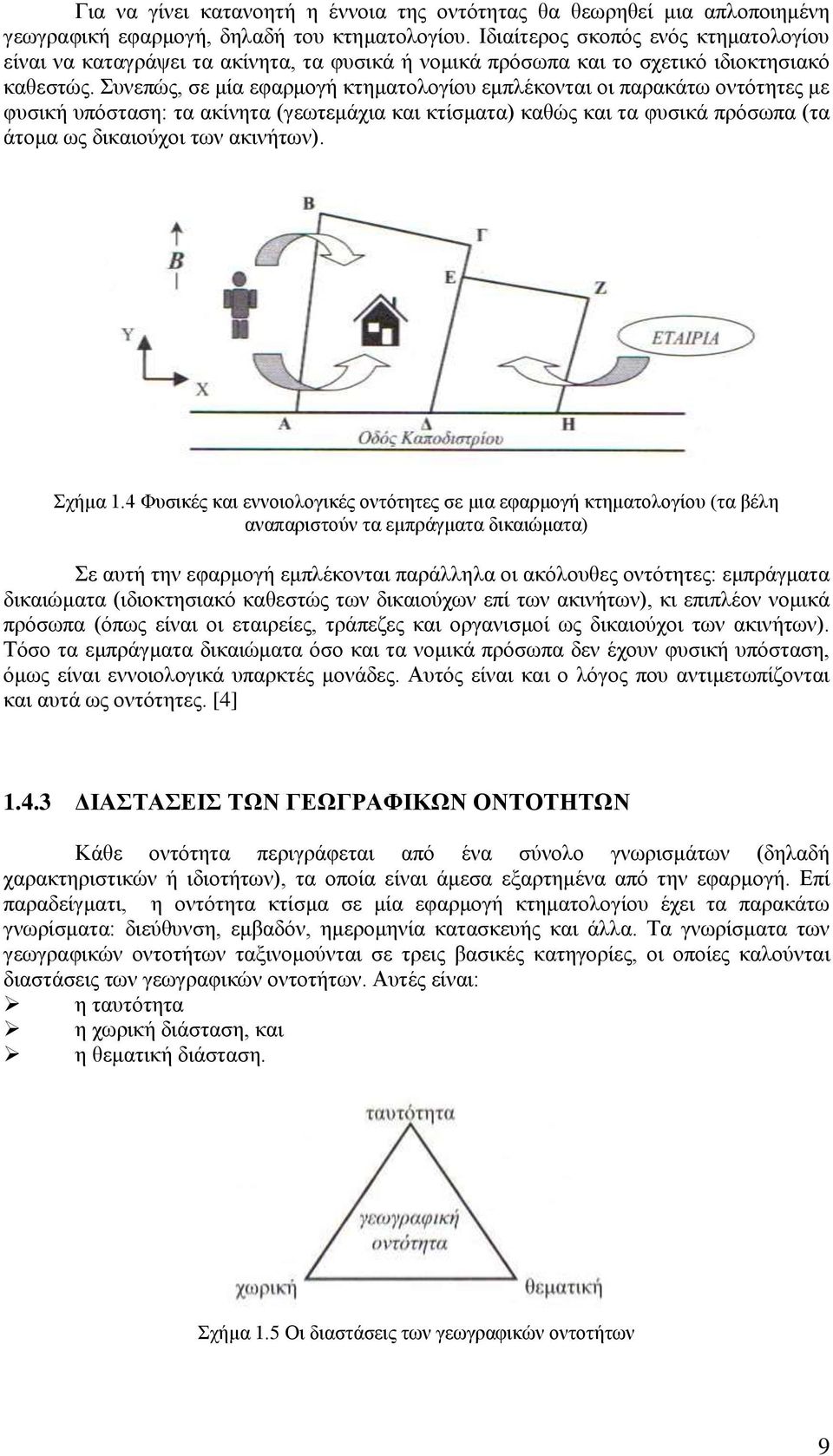 Συνεπώς, σε μία εφαρμογή κτηματολογίου εμπλέκονται οι παρακάτω οντότητες με φυσική υπόσταση: τα ακίνητα (γεωτεμάχια και κτίσματα) καθώς και τα φυσικά πρόσωπα (τα άτομα ως δικαιούχοι των ακινήτων).