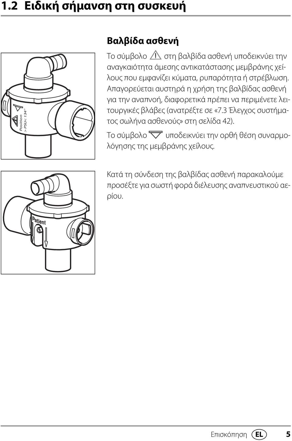 Απαγορεύεται αυστηρά η χρήση της βαλβίδας ασθενή για την αναπνοή, διαφορετικά πρέπει να περιμένετε λειτουργικές βλάβες (ανατρέξτε σε «7.