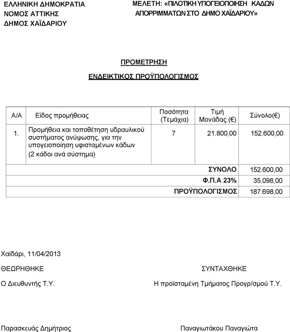 Είδος προμήθειας Προμήθεια και τοποθέτηση υδραυλικού συστήματος ανύψωσης, για την υπογειοποίηση υφισταμένων κάδων (2 κάδοι ανά σύστημα)