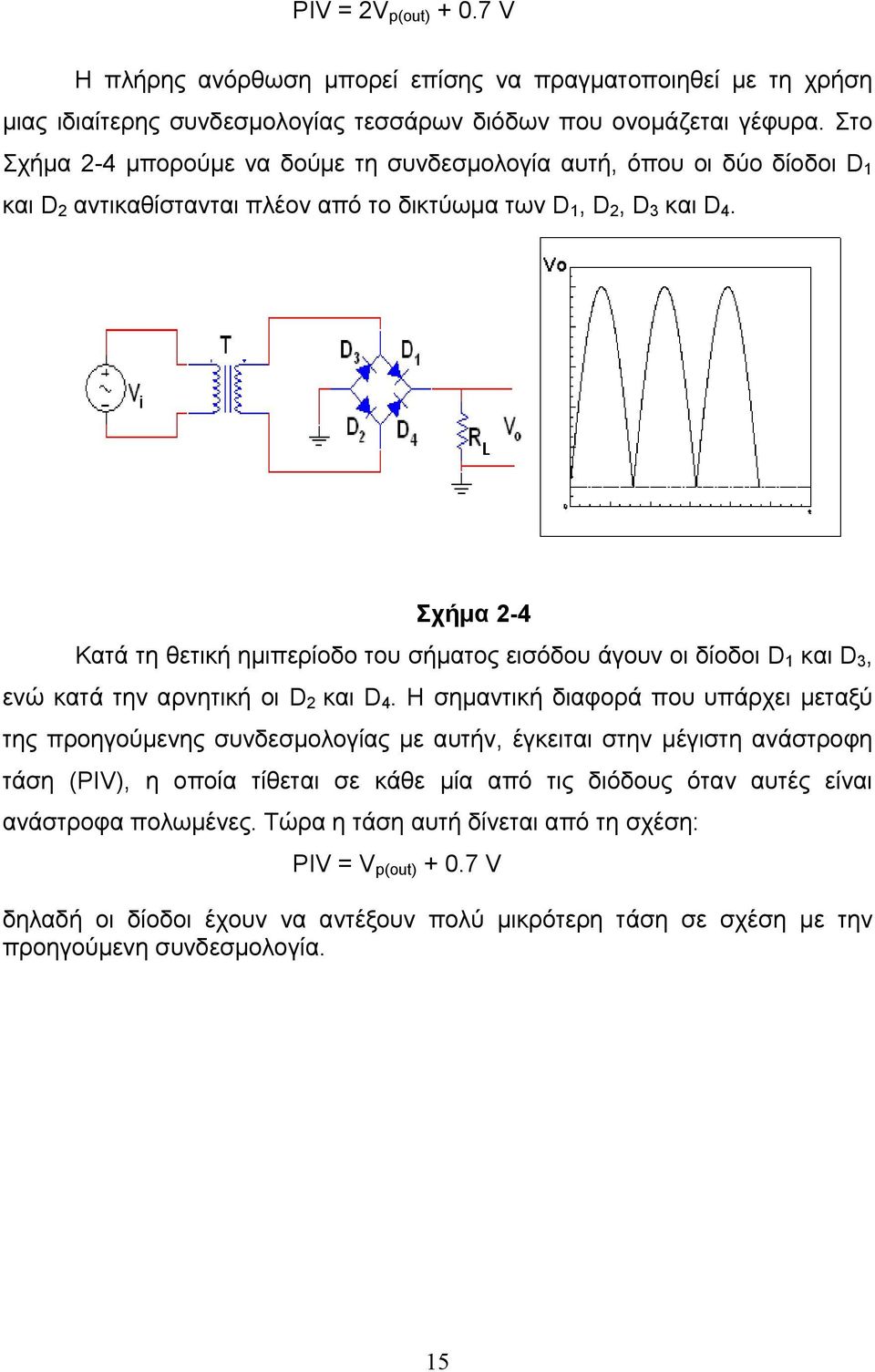 Σχήμα 2-4 Κατά τη θετική ημιπερίοδο του σήματος εισόδου άγουν οι δίοδοι D 1 και D 3, ενώ κατά την αρνητική οι D 2 και D 4.