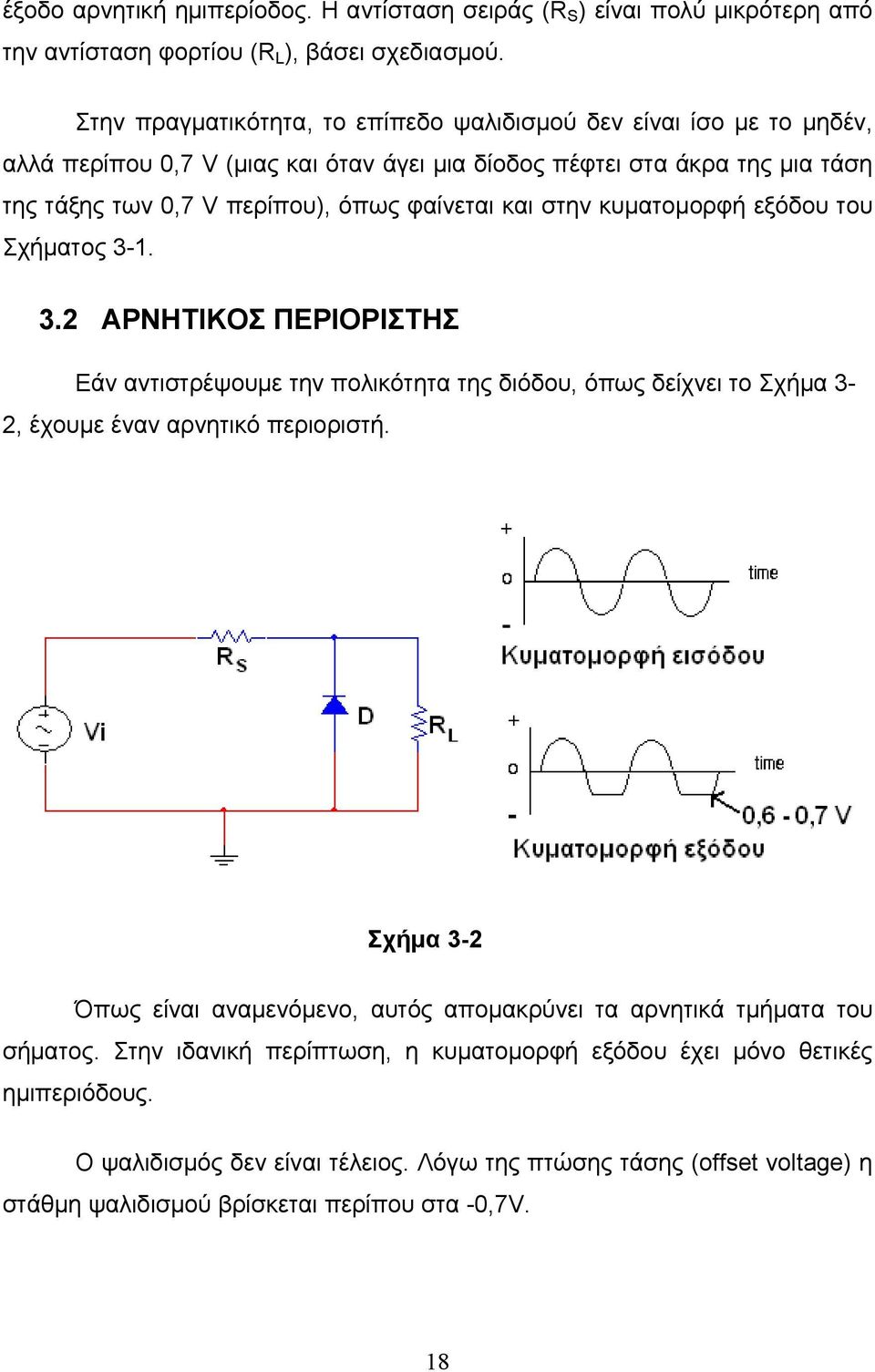 και στην κυματομορφή εξόδου του Σχήματος 3-1. 3.2 ΑΡΝΗΤΙΚΟΣ ΠΕΡΙΟΡΙΣΤΗΣ Εάν αντιστρέψουμε την πολικότητα της διόδου, όπως δείχνει το Σχήμα 3-2, έχουμε έναν αρνητικό περιοριστή.