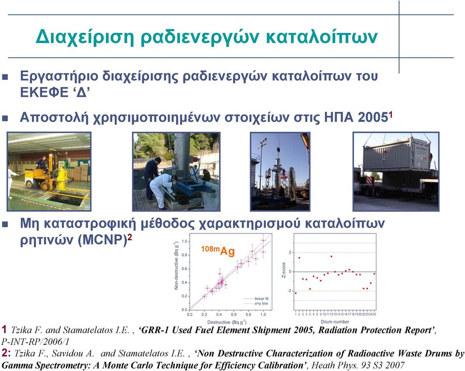 , GRR-1 Used Fuel Element Shipment 2005, Radiation Protection Report, P-INT-RP/2006/1 2: Tzika F., Savidou A. and Stamatelatos I.E., Non Destructive Characterization of Radioactive Waste Drums by Gamma Spectrometry: A Monte Carlo Technique for Efficiency Calibration, Heath Phys.