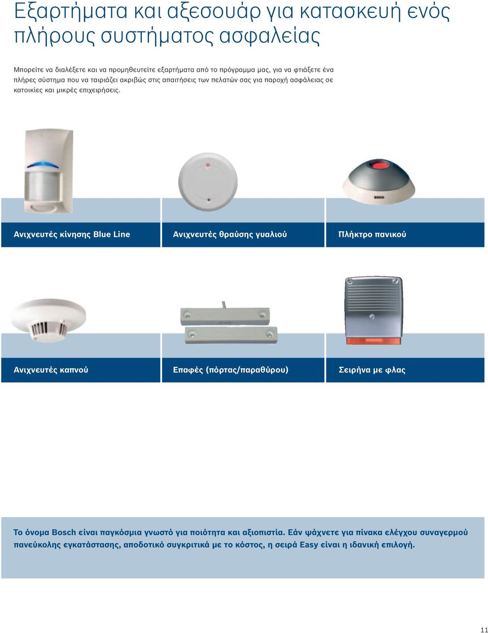 Ανιχνευτές κίνησης Blue Line Ανιχνευτές θραύσης γυαλιού Πλήκτρο πανικού Ανιχνευτές καπνού Επαφές (πόρτας/παραθύρου) Σειρήνα µε φλας Το όνοµα Bosch είναι