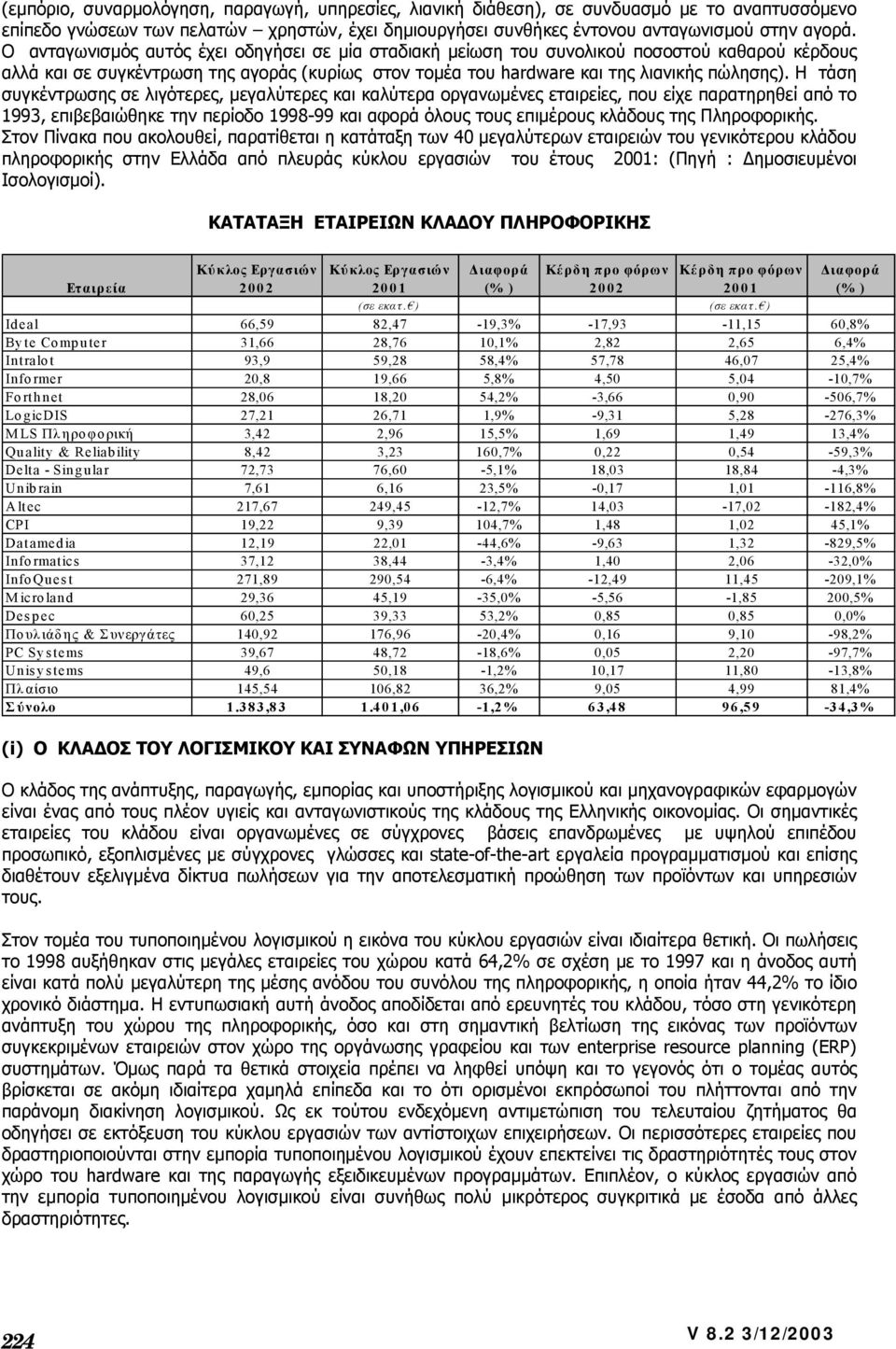 Η τάση συγκέντρωσης σε λιγότερες, µεγαλύτερες και καλύτερα οργανωµένες εταιρείες, που είχε παρατηρηθεί από το 1993, επιβεβαιώθηκε την περίοδο 1998-99 και αφορά όλους τους επιµέρους κλάδους της