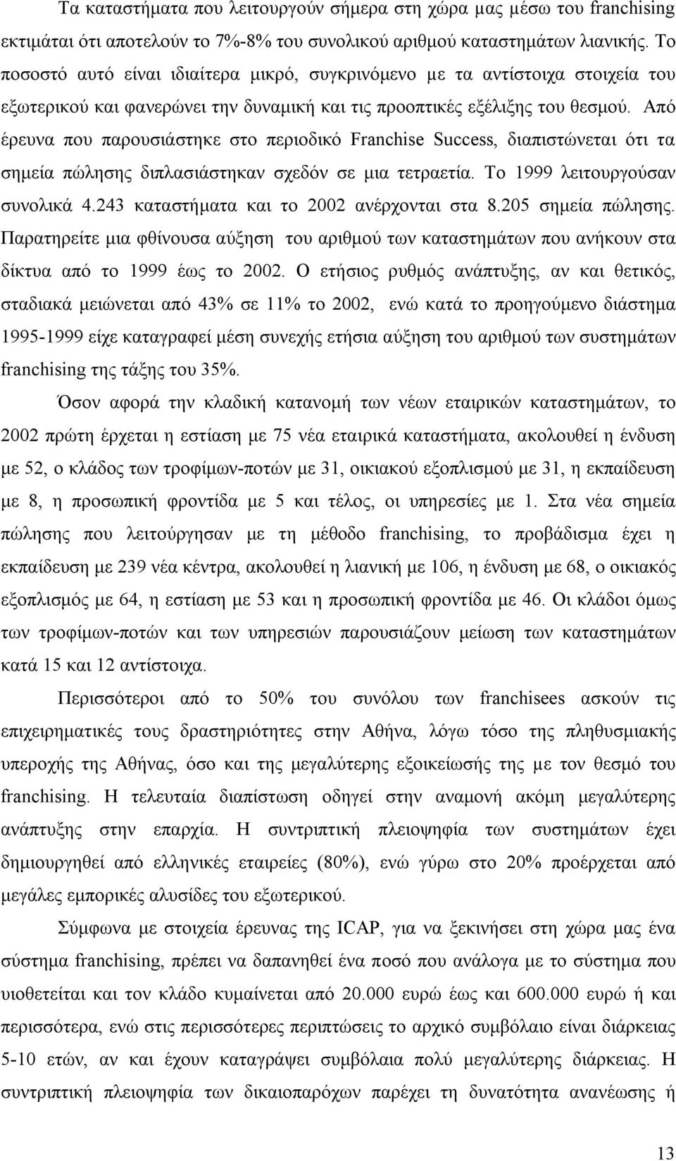 Από έρευνα που παρουσιάστηκε στο περιοδικό Franchise Success, διαπιστώνεται ότι τα σημεία πώλησης διπλασιάστηκαν σχεδόν σε μια τετραετία. Το 1999 λειτουργούσαν συνολικά 4.