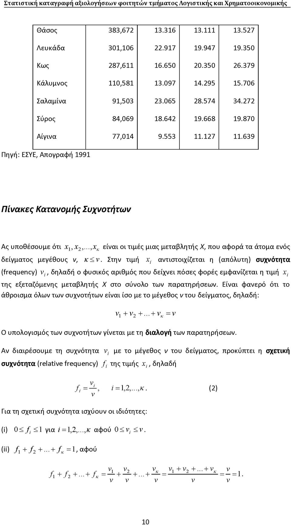 ..,xk είναι οι τιμές μιας μεταβλητής Χ, που αφορά τα άτομα ενός δείγματος μεγέθους ν, κ < ν.