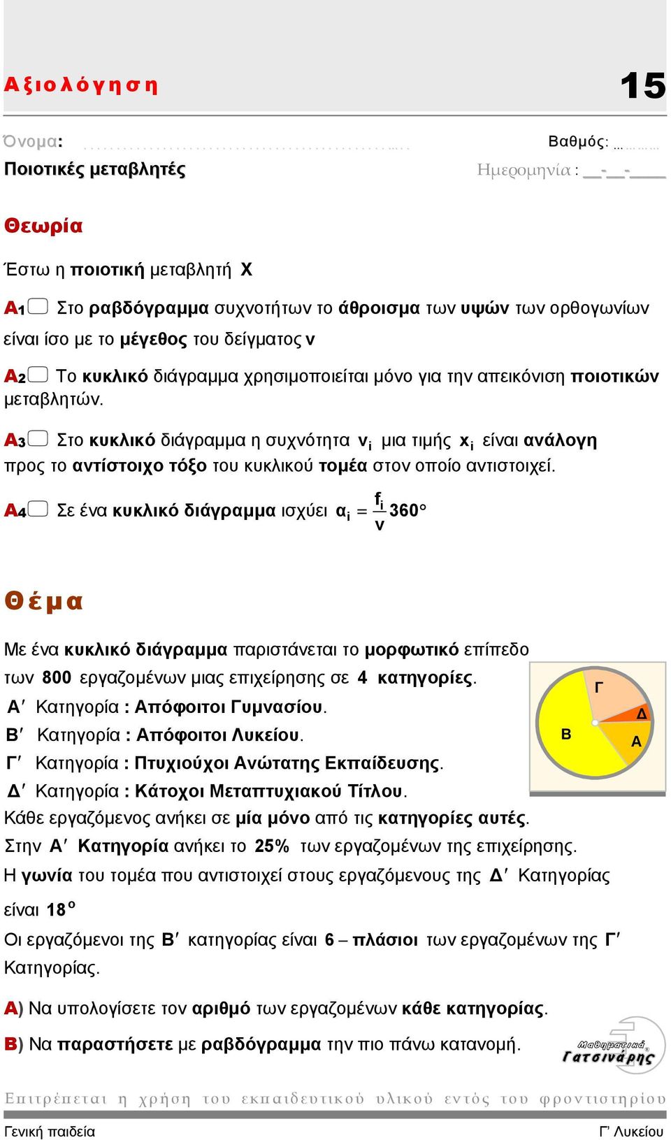 i Α4 Σε ένα κυκλικό διάγραµµα ισχύει α = 360 i f ν Με ένα κυκλικό διάγραµµα παριστάνεται το µορφωτικό επίπεδο των 800 εργαζοµένων µιας επιχείρησης σε 4 κατηγορίες. Α Κατηγορία : Απόφοιτοι Γυµνασίου.