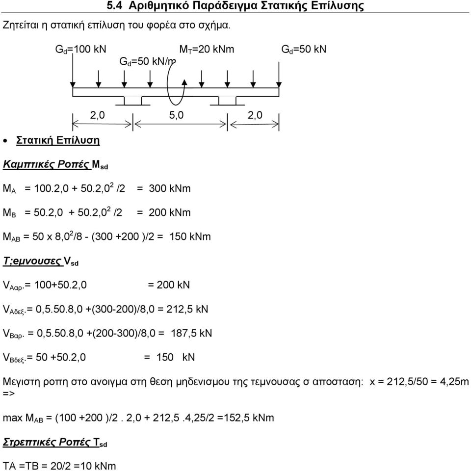 2,0 2 /2 M B = 50.2,0 + 50.2,0 2 /2 = 300 knm = 200 knm M AB = 50 x 8,0 2 /8 - (300 +200 )/2 = 150 knm Τ;eμνουσες V sd V Ααρ.= 100+50.2,0 = 200 kn V Aδεξ.= 0,5.50.8,0 +(300-200)/8,0 = 212,5 kn V Bαρ.